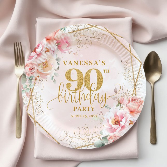 Pretty Blush Floral Gold Frame 90th Birthday Party Paper Plate (Pretty Blush Floral Gold Frame 90th Birthday Party Plate)