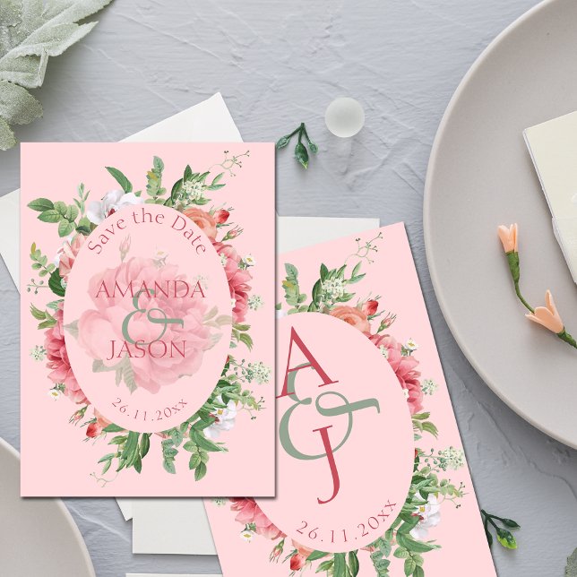 Pretty Blush Floral Monogram Wedding Save The Date (Creator Uploaded)