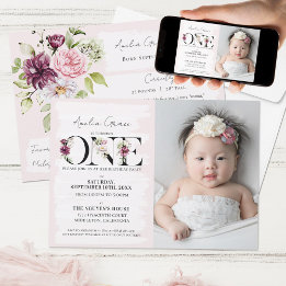 Pretty Blush Floral ONE Baby Girl's First Birthday Invitation