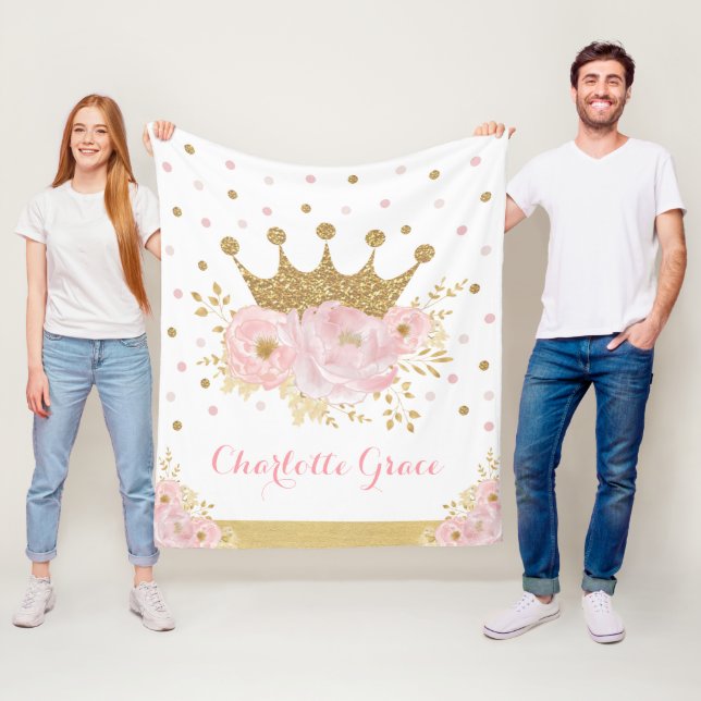 Pretty Blush Floral Royal Princess Gold Crown Girl Fleece Blanket (In Situ)