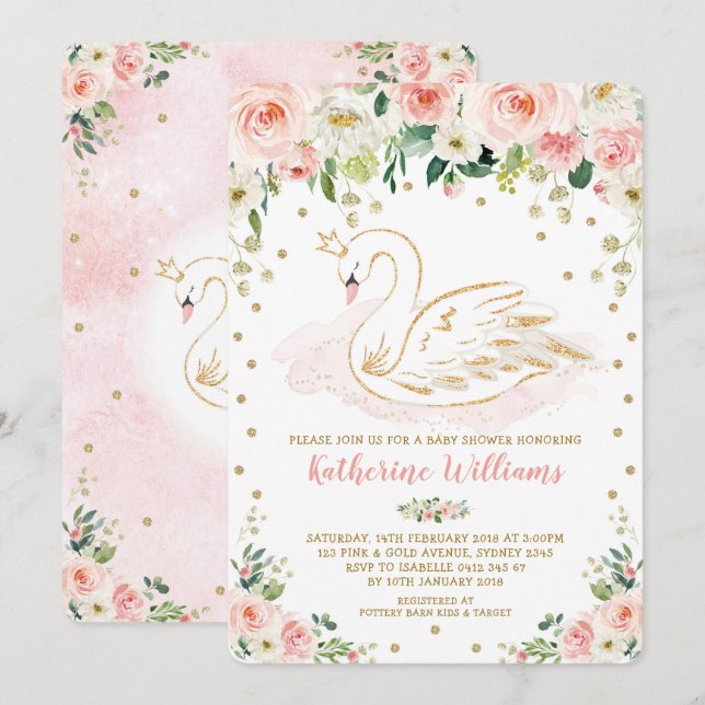 Pretty Blush Floral Swan Princess Girl Baby Shower Invitation (Front/Back)