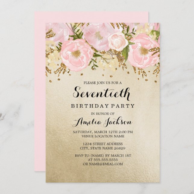 Pretty Blush Gold Pink Floral 70th Birthday Invitation (Front/Back)