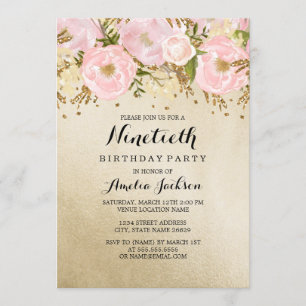 Pretty Blush Gold Pink Floral 90th Birthday Invitation