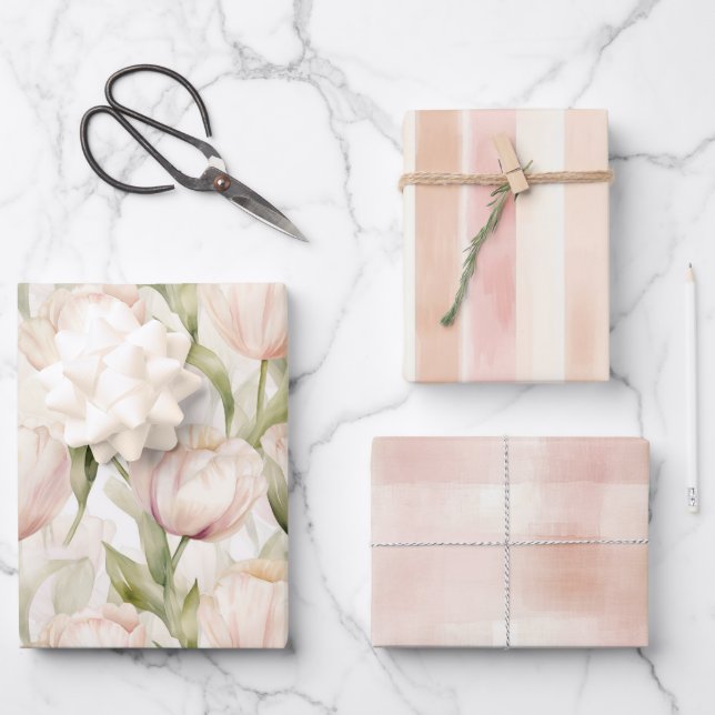 Pretty Blush Peach Cream Tulips Flowers   Wrapping Paper Sheet (Front)