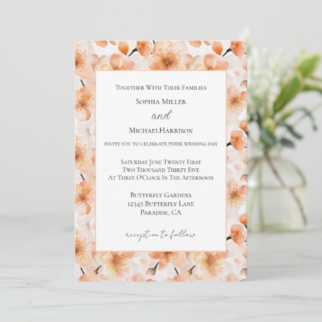 Pretty Blush Peach Flowers Wedding Invitation (Standing Front)