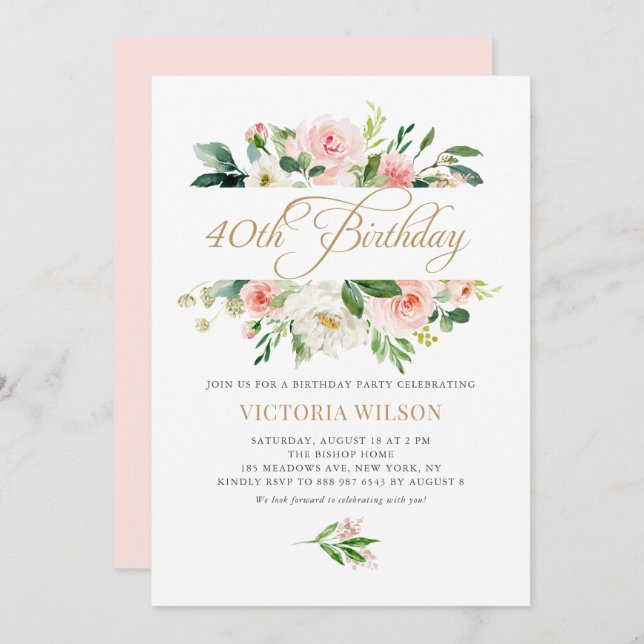 Pretty Blush Peony Floral Frame 40th Birthday Invitation (Front/Back)