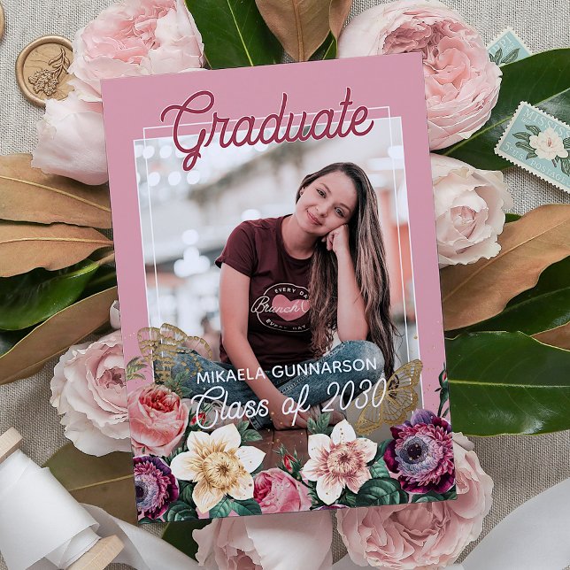 Pretty Blush Pink Botanical Floral Boho Graduation Announcement (Creator Uploaded)
