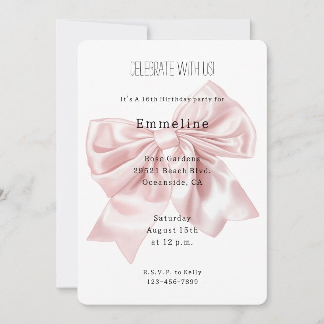 Pretty Blush Pink Bow Birthday Invitation (Front)