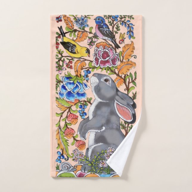 Pretty Blush Pink Bunny Rabbit Bird Floral Cute Bath Towel Set (Hand Towel)