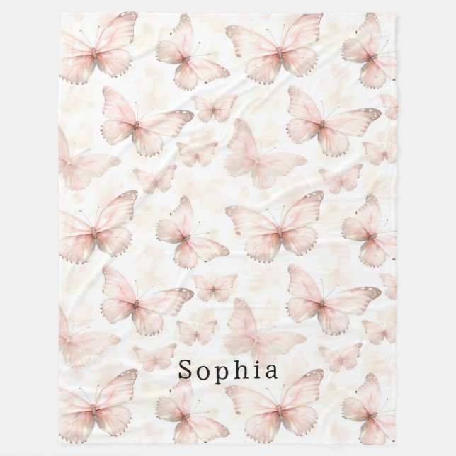 Pretty Blush Pink Butterflies Fleece Blanket (Front)