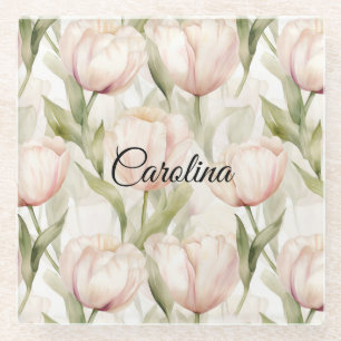 Pretty Blush Pink Cream Tulips Floral Glass Coaster