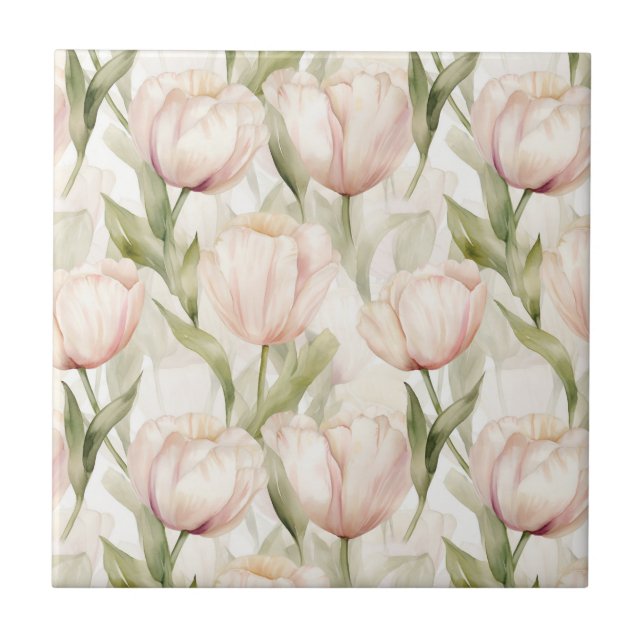 Pretty Blush Pink Cream Tulips Floral  Tile (Front)