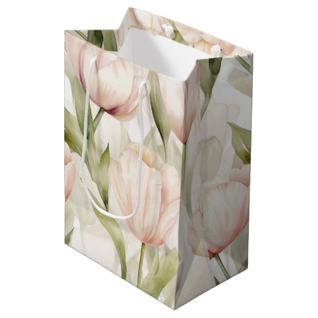 Pretty Blush Pink Cream Tulips Floral Wedding Medium Gift Bag (Front Angled)