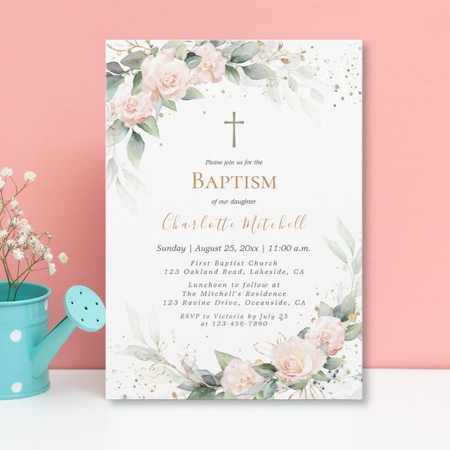 Pretty Blush Pink Floral Baptism Invitation (Creator Uploaded)
