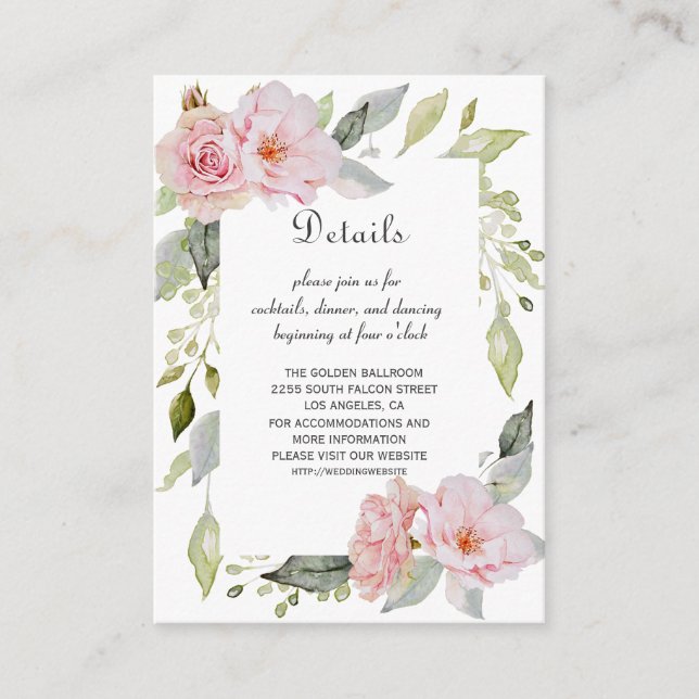 Pretty Blush Pink Floral Bloom Wedding Details Enclosure Card (Front)