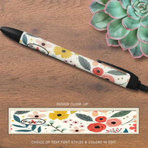 Pretty Blush Pink Floral Botanical Monogram  Black Ink Pen