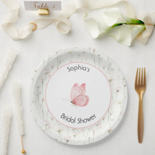 Pretty Blush Pink Floral Butterfly Bridal Shower Paper Plate