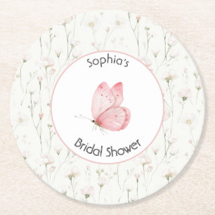Pretty Blush Pink Floral Butterfly Bridal Shower Round Paper Coaster