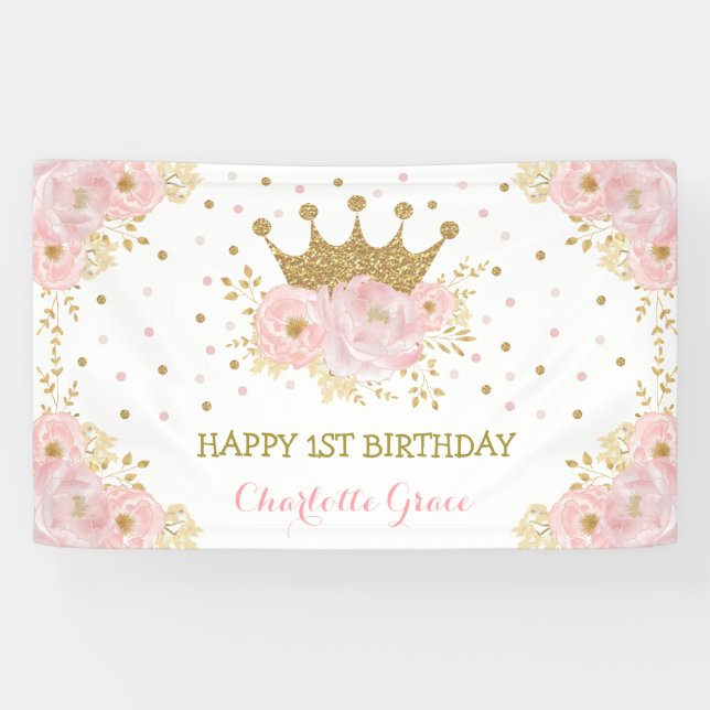 Pretty Blush Pink Floral Crown Princess Birthday Banner (Horizontal)