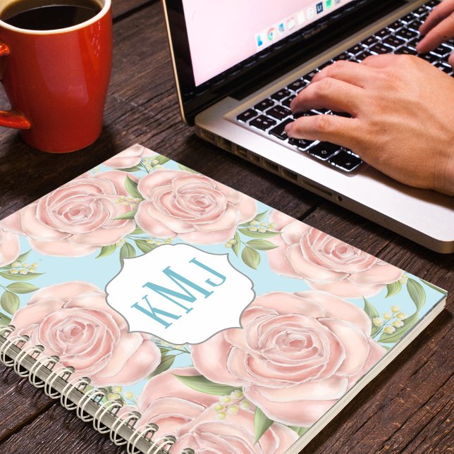 Pretty Blush Pink Floral Monogram Botanical Roses Notebook (Pretty pink floral rose pattern with greenery and monogram )