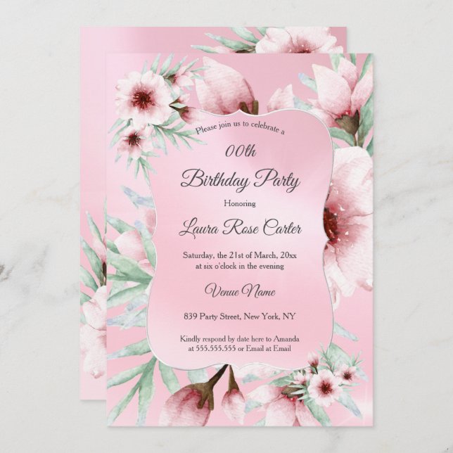 Pretty Blush Pink floral Silver Birthday Party Invitation (Front/Back)