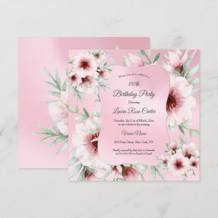 Pretty Blush Pink floral Silver Birthday Party Invitation