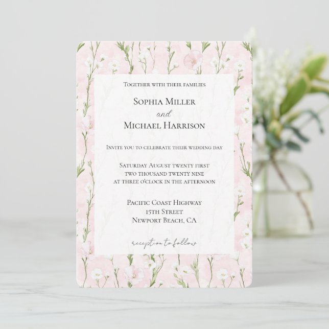 Pretty Blush Pink Floral Wedding Invitation (Standing Front)