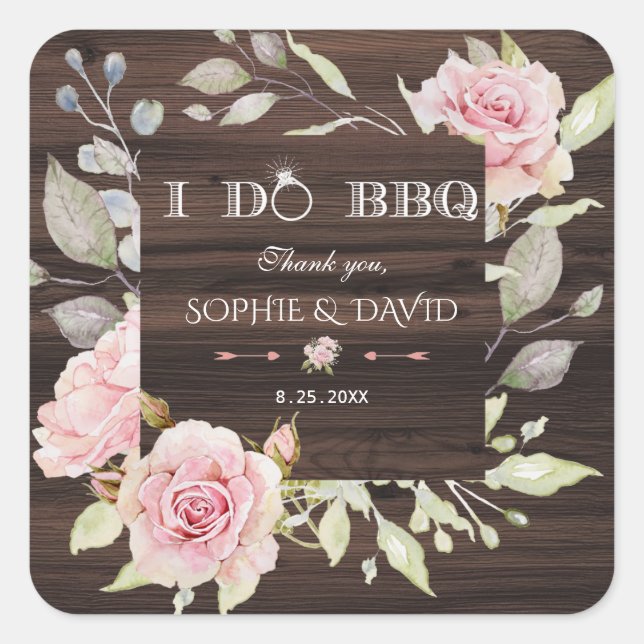 Pretty Blush Pink Floral Wood I DO BBQ Square Sticker (Front)