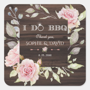 Pretty Blush Pink Floral Wood I DO BBQ Square Sticker