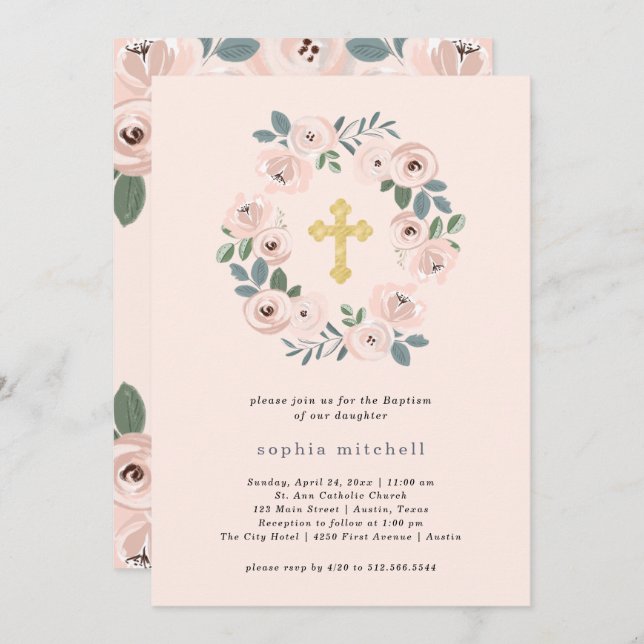 Pretty Blush Pink Flowers and Gold Cross | Baptism Invitation (Front/Back)