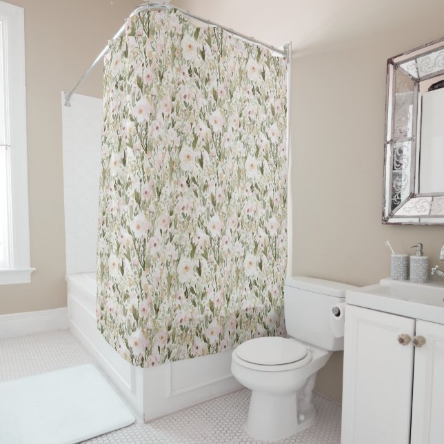 Pretty Blush Pink Flowers Shower Curtain (In Situ)