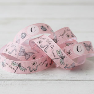 Pretty Blush Pink Girly Insect Monogram Baby Girl Grosgrain Ribbon