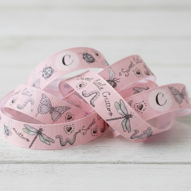 Pretty Blush Pink Girly Insect Monogram Baby Girl Grosgrain Ribbon (Cute Nature Pink Insect Ribbon for Girl. Whimsical Bugs Pattern & Monogram for Her for Baby Shower)