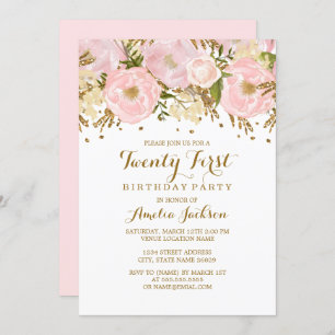 Pretty Blush Pink Gold Floral 21st Birthday Invitation
