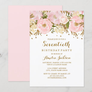 Pretty Blush Pink Gold Floral 70th Birthday Invitation