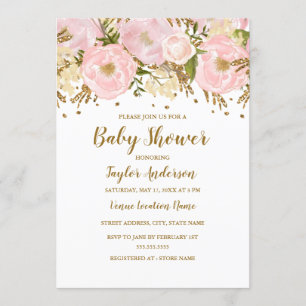 Pretty Blush Pink Gold Floral Baby Shower Invitation