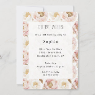 Pretty Blush Pink Gold Floral Birthday Invitation