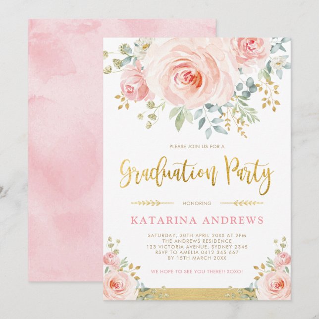 Pretty Blush Pink Gold Floral Graduation Party Invitation (Front/Back)