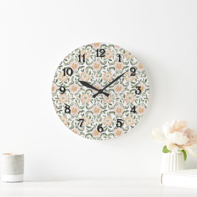 Pretty Blush Pink Green Leaves Floral   Large Clock (Home)