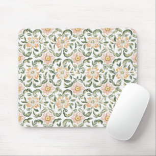 Pretty Blush Pink Green Leaves Floral Mouse Pad
