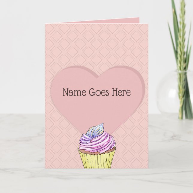 Pretty Blush Pink Love Heart Sweet Treats Cupcake Card (Front)