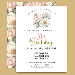 Pretty Blush Pink Peony Floral 100th Birthday Invitation