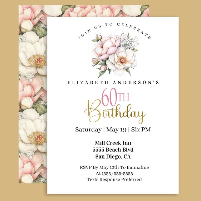 Pretty Blush Pink Peony Floral 60th Birthday Invitation (Creator Uploaded)
