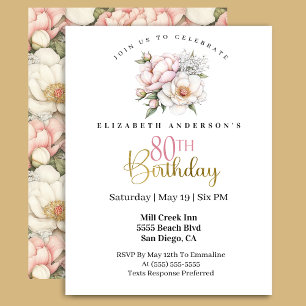 Pretty Blush Pink Peony Floral 80th Birthday Invitation
