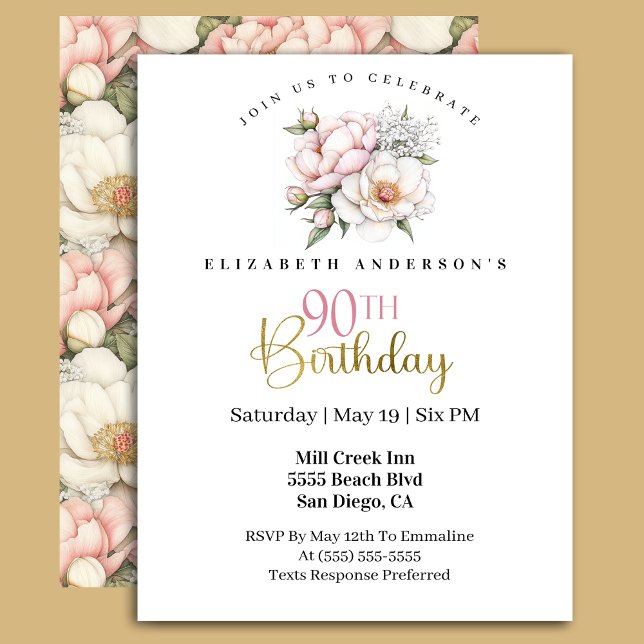 Pretty Blush Pink Peony Floral 90th Birthday Invitation (Creator Uploaded)
