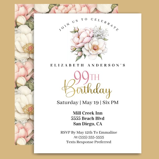 Pretty Blush Pink Peony Floral 99th Birthday Invitation (Creator Uploaded)