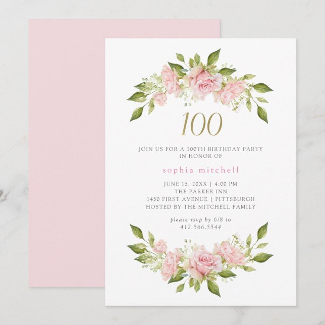Pretty Blush Pink Roses and Gold | 100th Birthday Invitation (Front/Back)