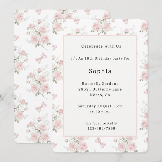 Pretty Blush Pink Roses Bows Birthday  Invitation (Front/Back)