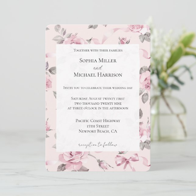 Pretty Blush Pink Roses Floral & Bows Wedding Invitation (Standing Front)