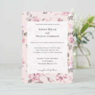 Pretty Blush Pink Roses Floral & Bows Wedding Invitation